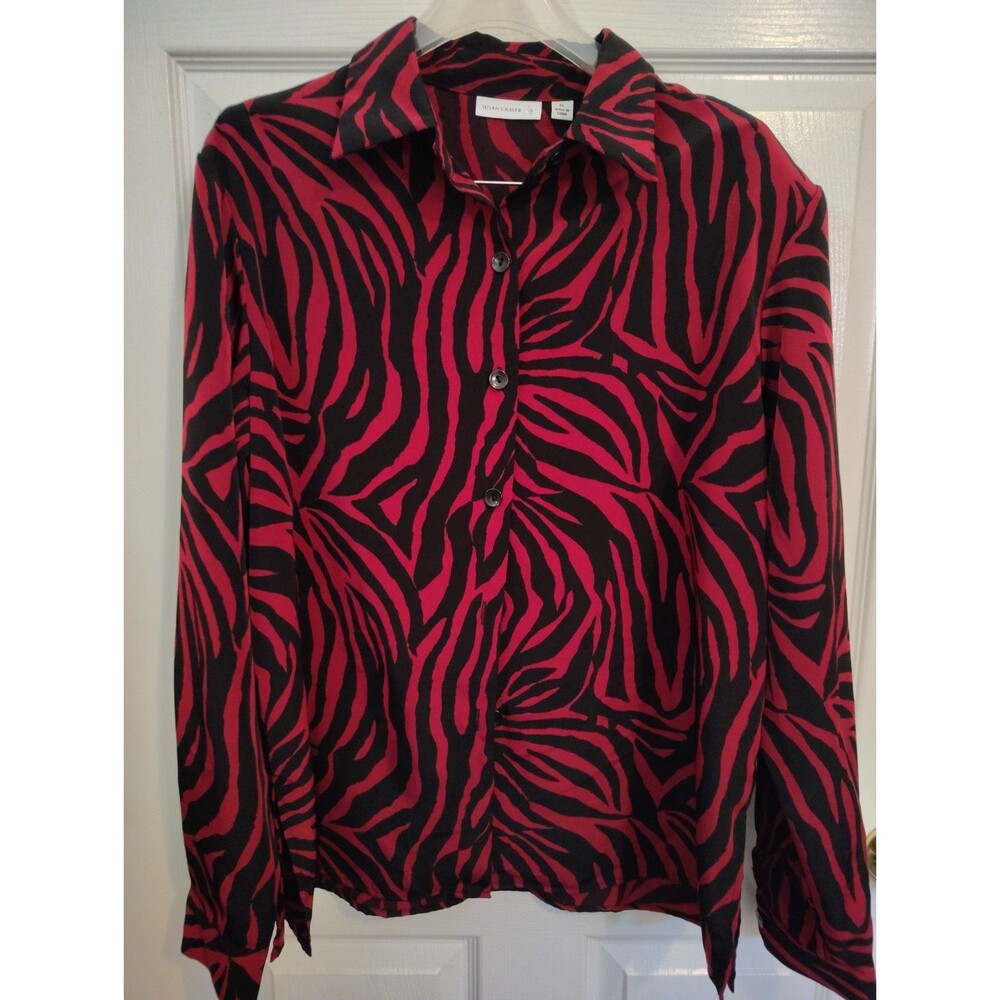 Susan Graver Women’s Red Black Animal Print Collared Button-Down Blouse XL
